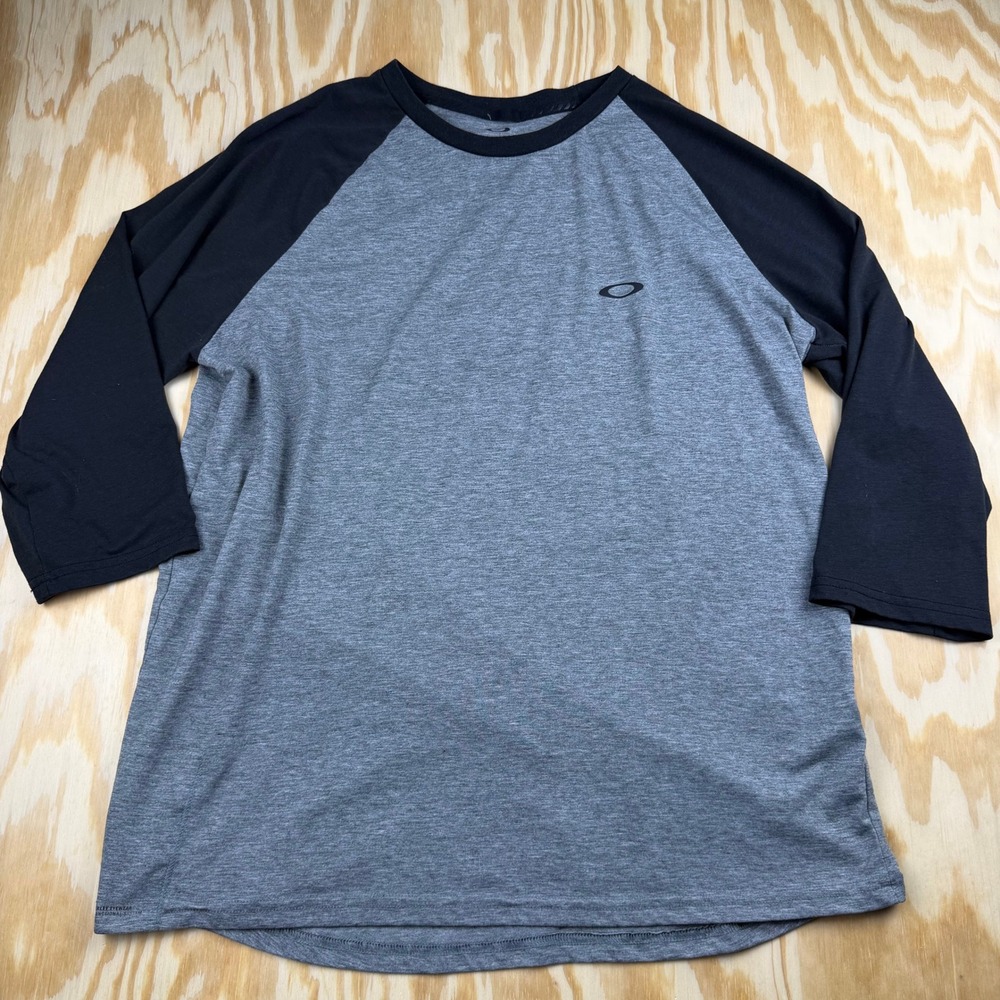 Oakley Mens XL Gray Black Raglan Baseball Tee Ellipse Logo 3/4 Sleeve Shirt